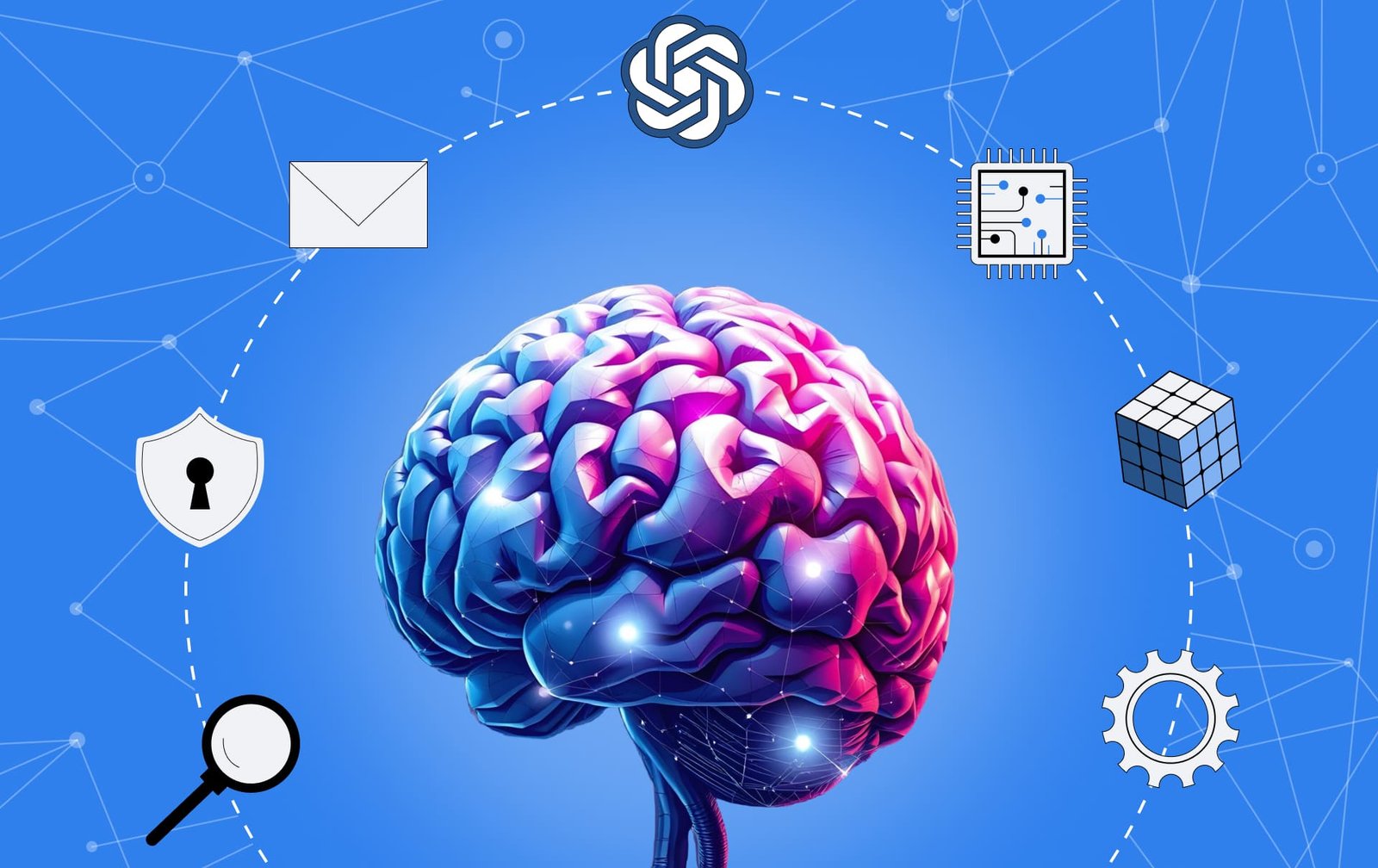 Brain with multiple AI tools connected to it.